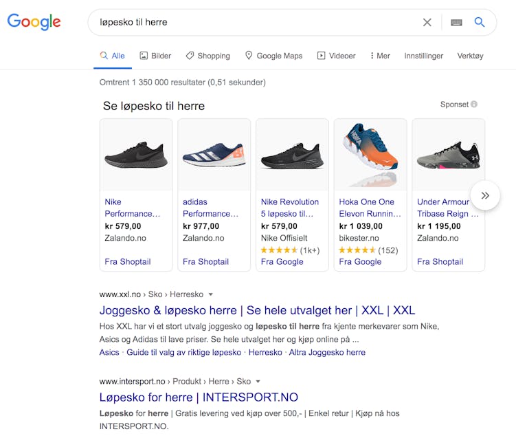 Eksempel på Google Shopping annonser